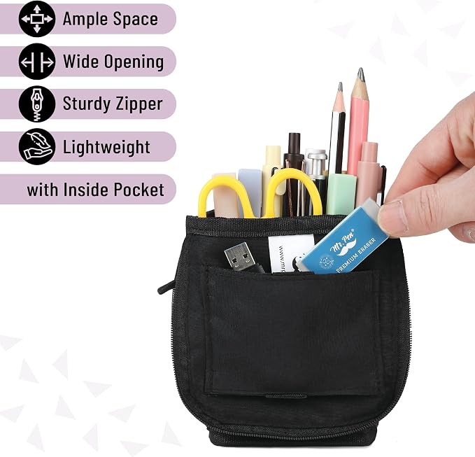 Mr. Pen- Standing Pencil Case Pouch, Sit & Lay Mesh-View Design | Black & Gray, Interior Pocket & 2 Elastic Binder Loops, Cute Pencil Case for Girls and Boys