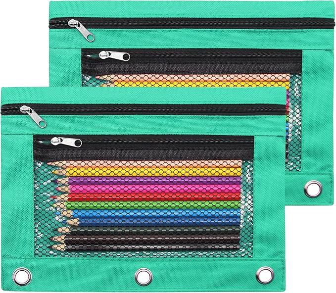 Pencil Pouch for 3 Ring Binders Zippered Pencil Case Canvas Pencil Bag with 2 Compartments (Set of 2, Pastel Green)