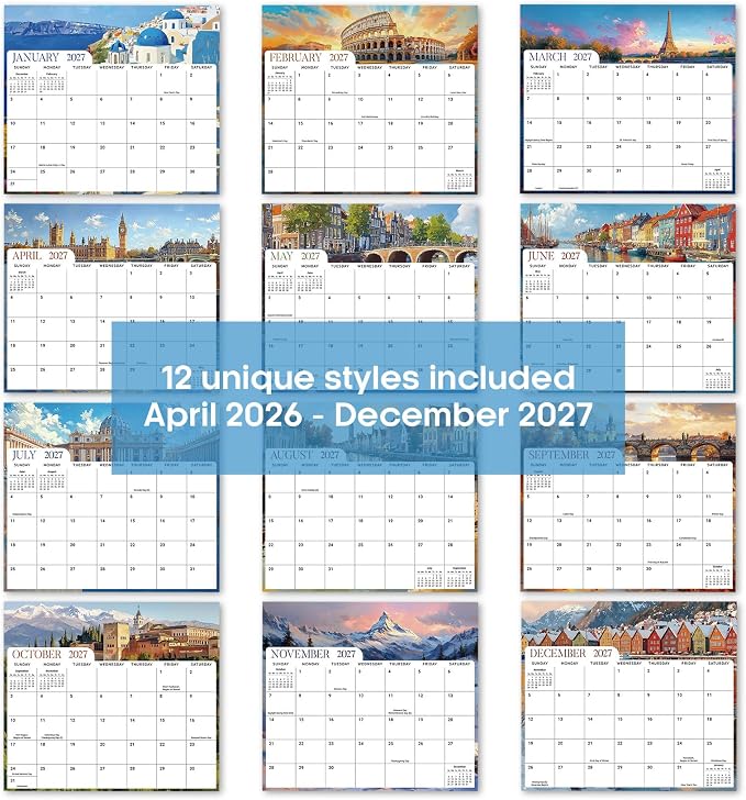 Aesthetic 2026-2027 Magnetic Calendar for Refrigerator, 21-Month Fridge Calendar Magnet from April 2026 to December 2027, Easy Organizing, European Landscape