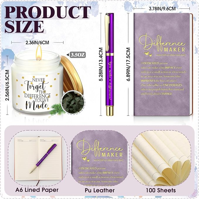 Vesici 4 Pcs Difference Maker Gift Set Mug Notebook Candle Pen,Purple,Word