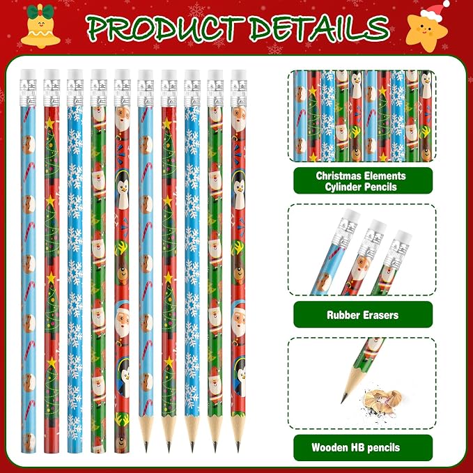 Zuazaor 30 Pieces Colorful Christmas Pencils with Eraser Wooden Pencils Snowman,Santa,Christmas Tree, Cand and Penguin Xmas Stationery for Christmas Holiday Office School Party Favors (30)