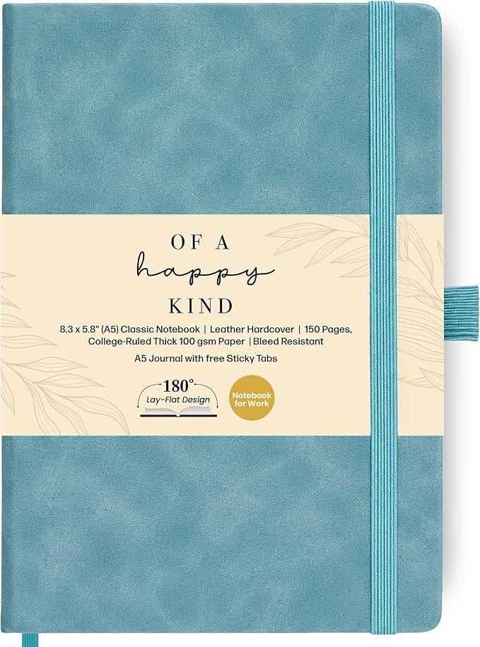 A5 Leather Notebook Journal Light Blue Lined Thick 300 Pages 5.8x8.3" | Leather journal for men & women, journal notebook, journals for writing. Premium mens notebook for work and travel.