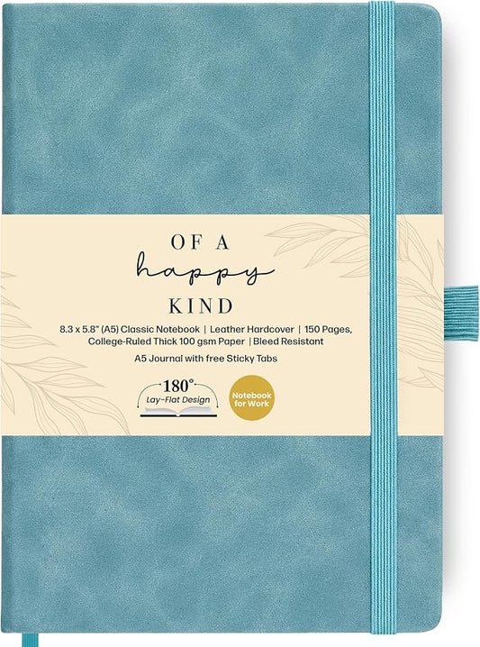 A5 Leather Notebook Journal Light Blue Lined Thick 300 Pages 5.8x8.3" | Leather journal for men & women, journal notebook, journals for writing. Premium mens notebook for work and travel.