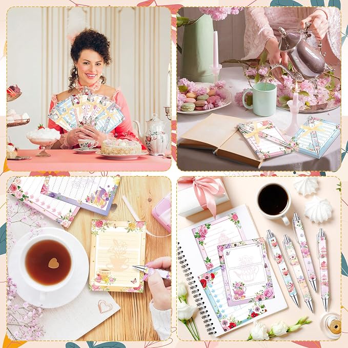 Eaasty 48 Pcs Tea Party Favors Spring Floral Notepads and Ballpoint Pens with Ribbon Vintage Teapot Flower Tea Party Gifts for Birthday Wedding Bridal Shower Office Supplies