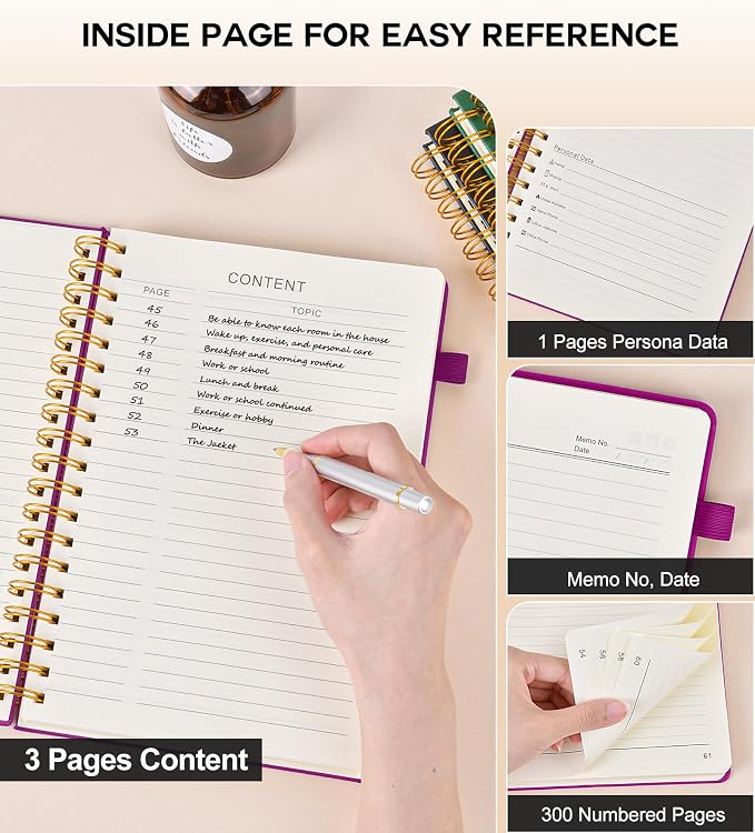 PERCUN Spiral Notebook 300 Numbered Lined Pages Hardcover Journal 5.9"x8.5" | College Ruled Spiral Bound Notebook with Tabs, A5 Leather Journal for Women Men, Work, School, Travel, Writing & Note Taking