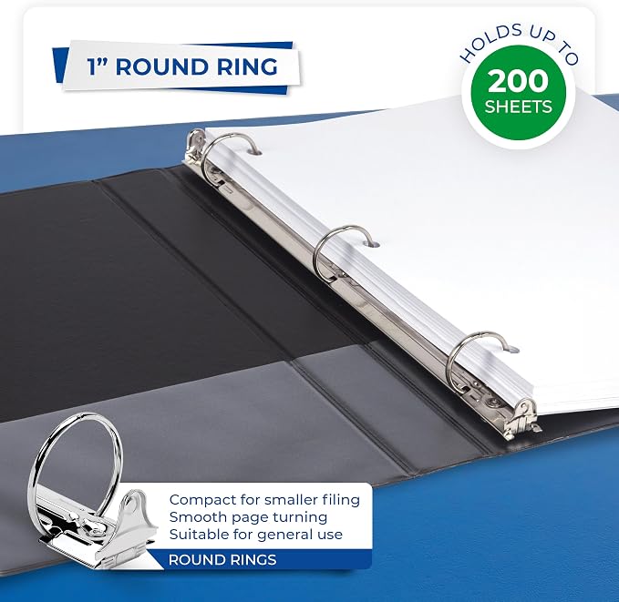 Samsill 1 Inch 3 Ring Binders, Economy Round Ring, Clear View Cover, 200 Sheet Capacity - for School, Home, Office - Black, 12 Pack
