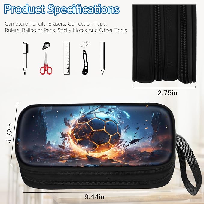 TILYTADLY Large Pencil Case for Boys - Soccer Boys Pencil Pouch with Zipper Compartments - Big Capacity Pen Box Pen Bag Organizer with Keychain for Kids Teens School