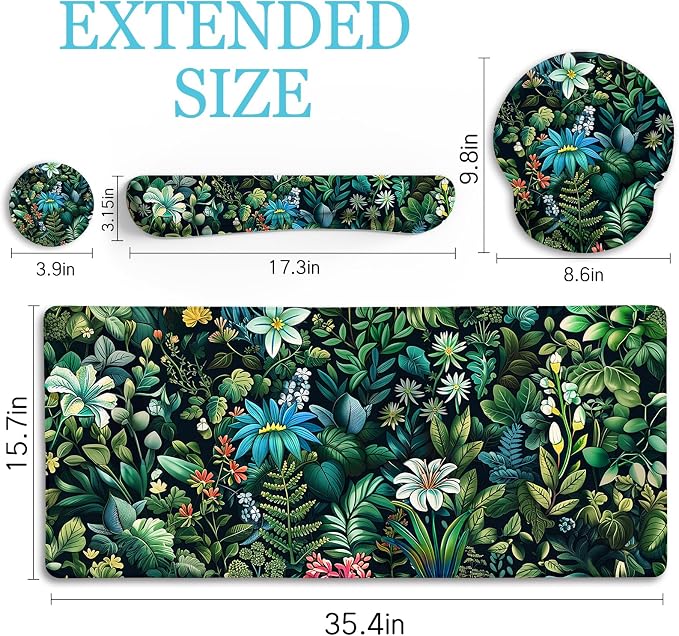 LIMKRIAN Floral Large Desk Mat Set, Green Mouse Pad with Wrist Rest | Ergonomic Gel Wrist Rest, Computer Mat, Keyboard Wrist Support, XXL Mousepad, Coaster, Green Office Desk Accessories Decor