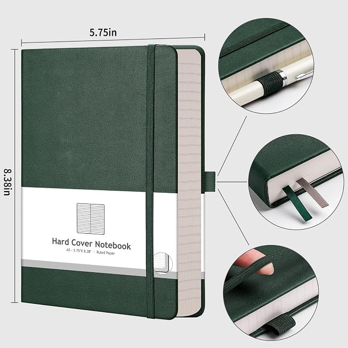 AHGXG Lined Journal Notebook - 320 Numbered Pages Thick Journal for Women A5 Notepad College Ruled, 100gsm Paper, Leather Hardcover, for Men Writing Work Office School, 5.75'' X 8.38''-Green | Thick Lined Notebook for Note Taking, 100GSM Paper, Leather...