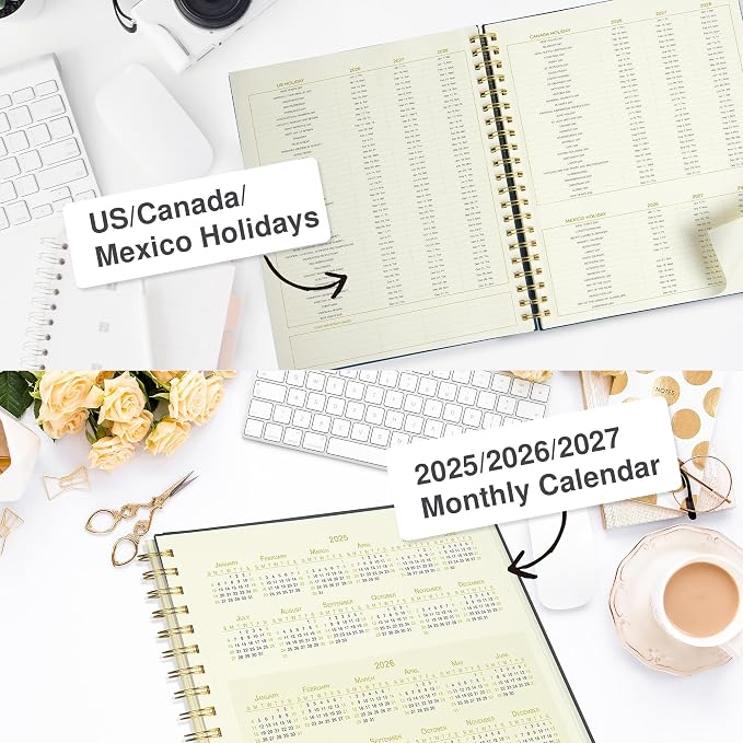 AuroPlanner Undated Daily Planner To Do List Hourly Schedule 2028 2027 2026 Calendar & Holiday Habit Tracker 180 Pages Letter Size 8.5" x 11" Sheets Hardcover Spiral Bound Notebook (Black)