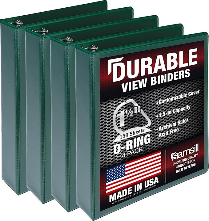 Samsill Durable 1.5 inch 3 Ring Binder, D Ring Binder, 100% Recycled Chipboard, Green, 4 Pack