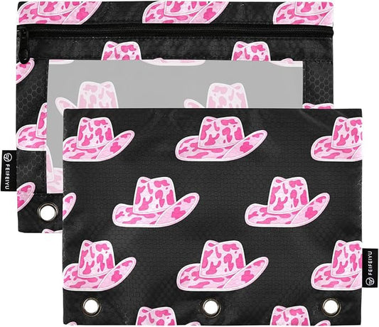 Gredecor Binder Pencil Pouch 3 Ring Cowgirl Hat with Pink Cow Zipper Pencil Pouches Case 2 Pack Clear Binder Organizer for School Office