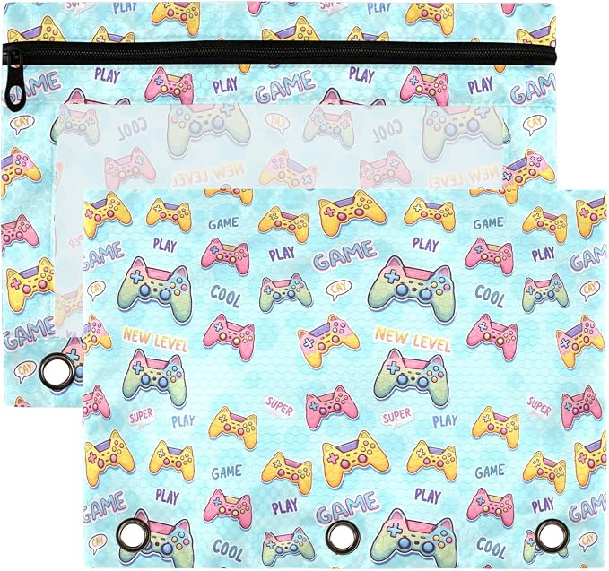 Mahjong Gambling Binder Pouches 3 Ring for Boys Girls School Office College Supplies Green White Doodle Pattern Pencil Pouches Case Bag with Clear Window and Zipper 2 Pack
