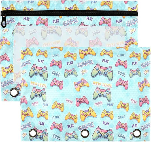 Mahjong Gambling Binder Pouches 3 Ring for Boys Girls School Office College Supplies Green White Doodle Pattern Pencil Pouches Case Bag with Clear Window and Zipper 2 Pack