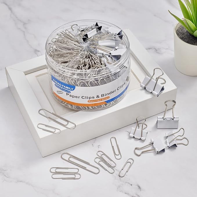 FUDAO FAMILY Paper Clips & Binder Clips, 340 PCS Assorted Sizes, Silver & White, Metal, Medium, Large, Small