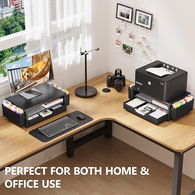 OPNICE Desk Organizer and Accessories, 2-Tier Computer Monitor Stand Riser with Drawer and 2 Pen Holders, Laptop Stand, Office Desk Accessories for Office Supplies, Black 2-Pack