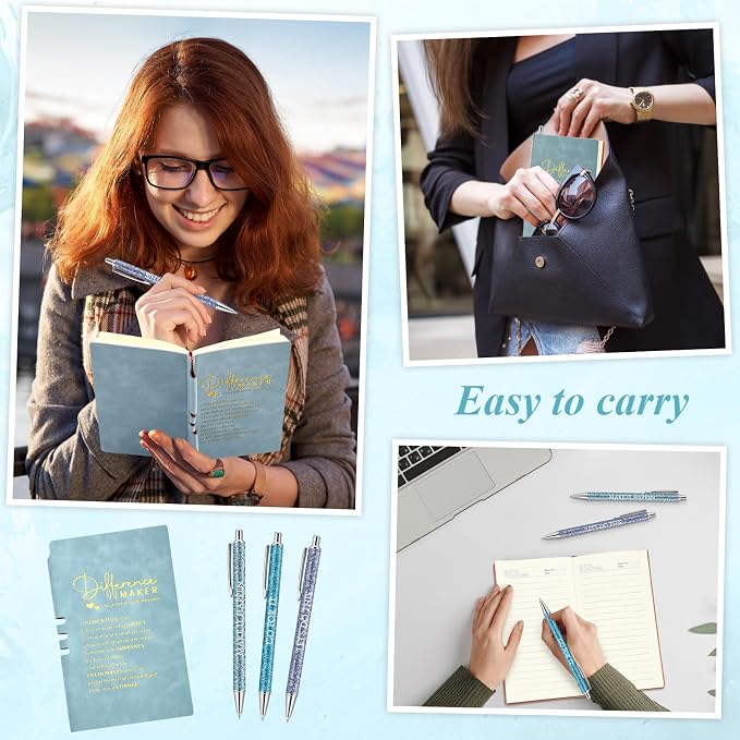 Thenshop 5 Pcs Difference Maker Gifts Journal with Pen Leather Notebook 3 Ballpoint Pens Box Thank You Gift for Nurse Boss Employee Coworker Teacher Volunteer Social Worker Assistant(Blue)