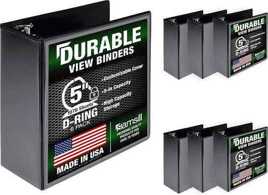 Samsill Durable 5 Inch 3 Ring Binder, D Ring Binder, Customizable Clear View, Black, 6-Pack, Holds 1070 Pages