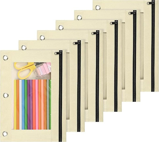 Lanpn Pencil Pouch for 3 Ring Binder 6 Pack, Aesthetic Binder Pen Bags with Zipper, 3 Holes Pencil Pouches Organizer for Boy Girl Kids School Student, Reinforced Grommets & Clear Window, Beige