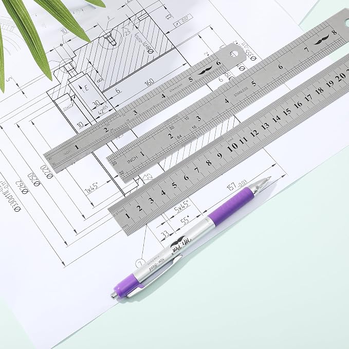 Mr. Pen- Metal Straight Edge Ruler, 3 pcs, 6", 8", 12" | Stainless Steel Ruler Set, Imperial & Metric Measurements for Drawing, Home, Office, Engineering