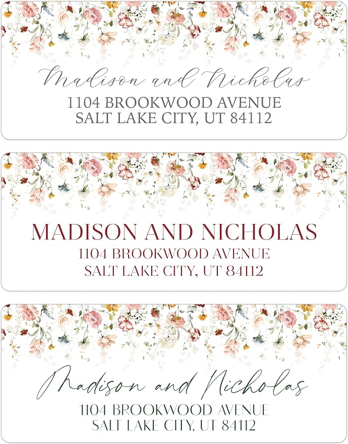 Return Address Labels Personalized with Your Choice of 30 Flower Styles - Choose Font and Font Color or Add Custom Text - Perfect for Wedding Envelopes (012 Muted Colorful Flowers)