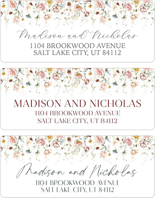 Return Address Labels Personalized with Your Choice of 30 Flower Styles - Choose Font and Font Color or Add Custom Text - Perfect for Wedding Envelopes (012 Muted Colorful Flowers)