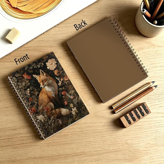 Vintage Floral Fox Journal Notebook 5.5x8.3, William Morris Inspired Wildlife Journal, Fox Gifts for Women, Dark Cottagecore Botanical Notebooks for Work