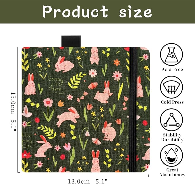 5x5 Handy Portable Handmade Cloth Fabric Hardcover Sewing Binding Travel Watercolor Paper 140LB/300gsm 20Sheets/40Pages Journal Mixed Media Pad Sketchbook. Spring Rabbit