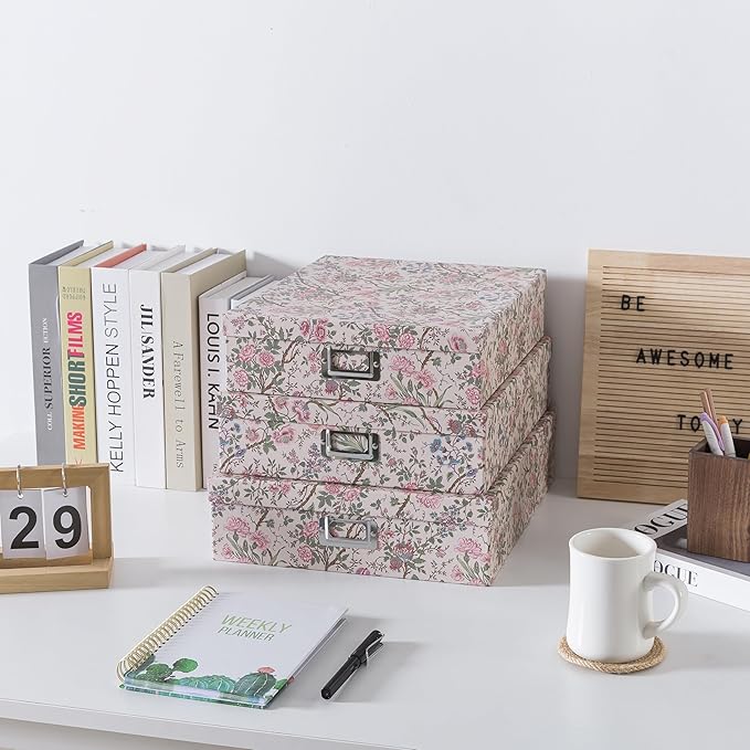 Soul & Lane - Nesting Floral Photo Storage Boxes with Lids, Set of 3 | Large Decorative Cardboard Memory Box Set for Keepsakes, Documents and Scrapbook Paper, Pretty Letter Organizers for Decor