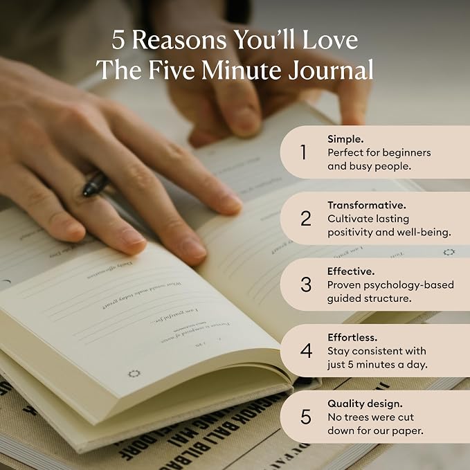 Intelligent Change The Five Minute Journal, Original Daily Gratitude Journal 2025, Reflection & Manifestation Journal for Mindfulness, Undated Daily Journal with Gold Foiling, Plastic-Free, Black