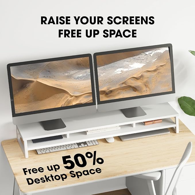 Fenge Dual Monitor Riser for Desk, Open Shelf with 3 Storage Compartments | 42.5in Computer Monitor Stand, 2-Tier Desk Shelf for Top of Desk,One-Piece Panel, fit Ultrawide Monitor, PC, Laptop, White