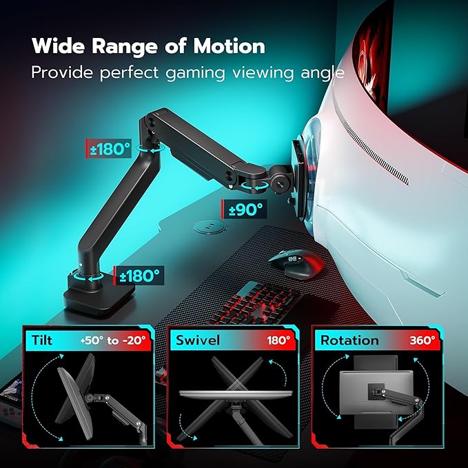 ARES WING Ultrawide Monitor Desk Arm for 17 to 49 Inch Screen, Holds 44 Lbs | Pro Gas Spring, Full Range of Motion, for 75/100 Vesa Mount, for Samsung, LG Curved/Flat Monitor, with C Clamp, Grommet Base