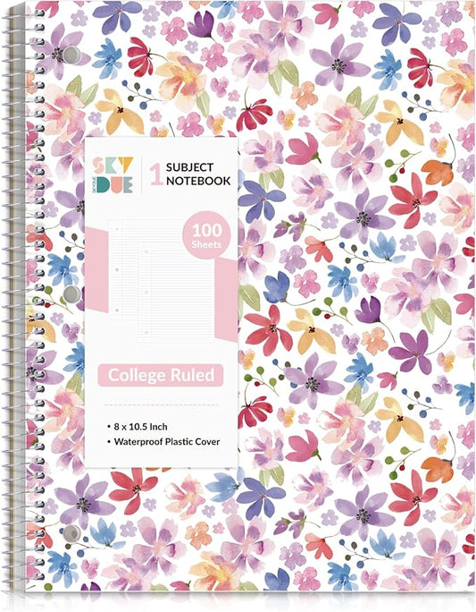 SKYDUE 8"x10.5" Spiral Notebook - College Ruled 100 Sheets, 1 Subject Notebook for School & Office, 3-Hole Punched Paper, Floral Design