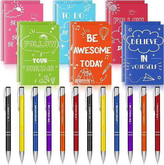 Geyee 24 Pcs Mini Motivational Pens Inspirational Notepads Bulk Appreciation Gifts Small Journals Funny Ballpoint Pen Set Prizes Men Women Office Travel Party Favors(Funny)