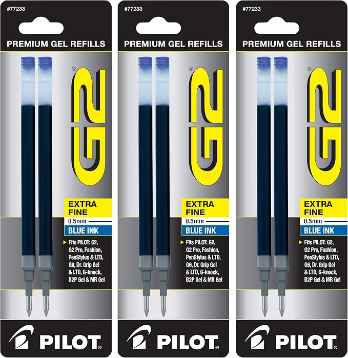 Pilot, G2 Gel Ink Refills, Extra Fine Point 0.5 mm, Blue, Pack of 6