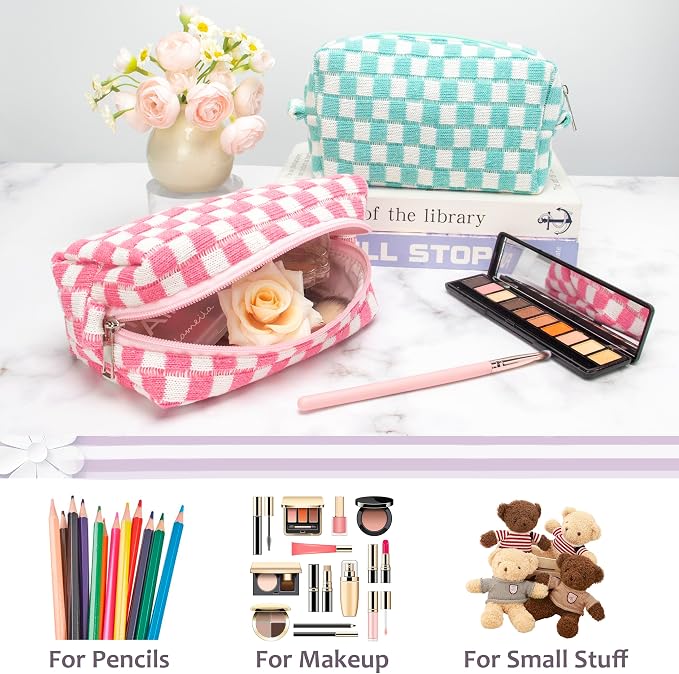 Checkered Makeup Bag for Purse, Small Travel Cosmetic Pouch,Pink,6 Pack | Cute Zipper Makeup Organizer for Women, Travel Essentials, Toiletries, Makeup Brushes, Beauty Accessories&Bridesmaid Gifts