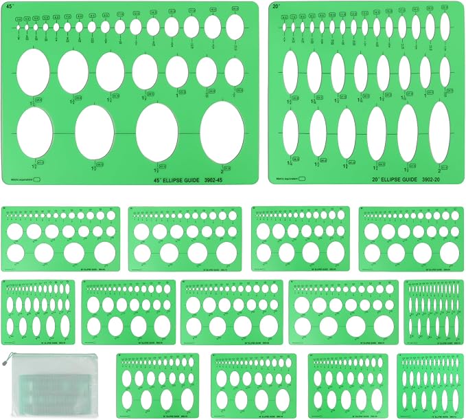 15 PCS Circle Template Set Plastic Circle and Oval Measuring Templates Series Ellipse Template for Students Professionals Precise Drafting with Storage Bag