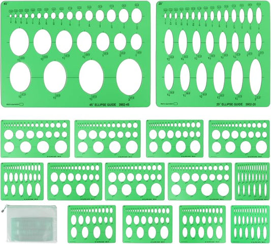 15 PCS Circle Template Set Plastic Circle and Oval Measuring Templates Series Ellipse Template for Students Professionals Precise Drafting with Storage Bag