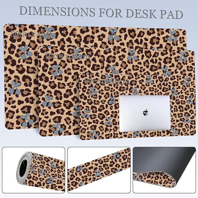 Cherry Leopard Print Leather Desk Mat Extended Gaming Mouse Pad | Non-slip Large Writing Pad Laptop Blotter Computer Keyboard Mat | Cute Brown Desk Protector for Home Office 31.5" x 15.7"