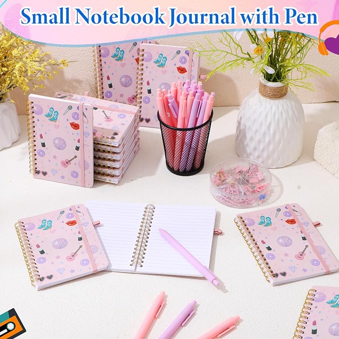 Fulmoon 24 Set Music A6 Spiral Notebook with Ballpoint Pens 50 Sheets, 4"x 6" Singer Small College Ruled Notepads Concert Journaling Notebooks Bulk for Music Party Goodies Bags Back to School Supplies