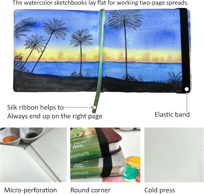 tumuarta Watercolor Sketchbook,140 LB,300 GSM, Cotton Paper, Cold Press | 5.5"X5.5", 24 Sheets,Acid Free Watercolor Paper Square Sketchbooks for Use As Travel Notebook and Mixed Media Pad