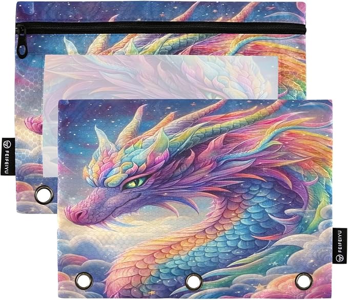 ALAZA Pencil Pouch for 3 Ring Binder, Rainbow Dragon Cloud Binder Pencil Pouches with Clear Window Zipper Pencil Case Cosmetic Bags for Office College Supplies, 2PCS