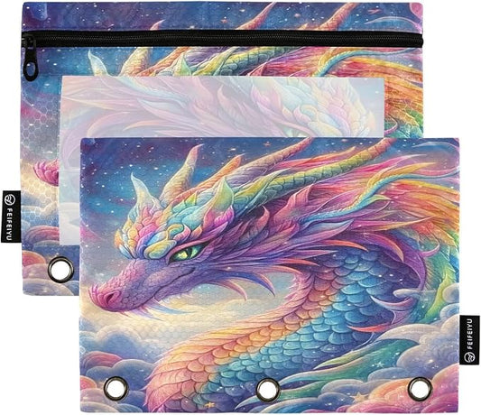 ALAZA Pencil Pouch for 3 Ring Binder, Rainbow Dragon Cloud Binder Pencil Pouches with Clear Window Zipper Pencil Case Cosmetic Bags for Office College Supplies, 2PCS