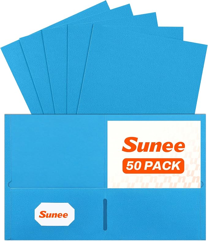 SUNEE Two Pocket Folders, 50 Pack File Folders with Business Card Slot, Textured Paper, Fit Letter Size Paper, Paper File Folder for School Office Home Business, Blue
