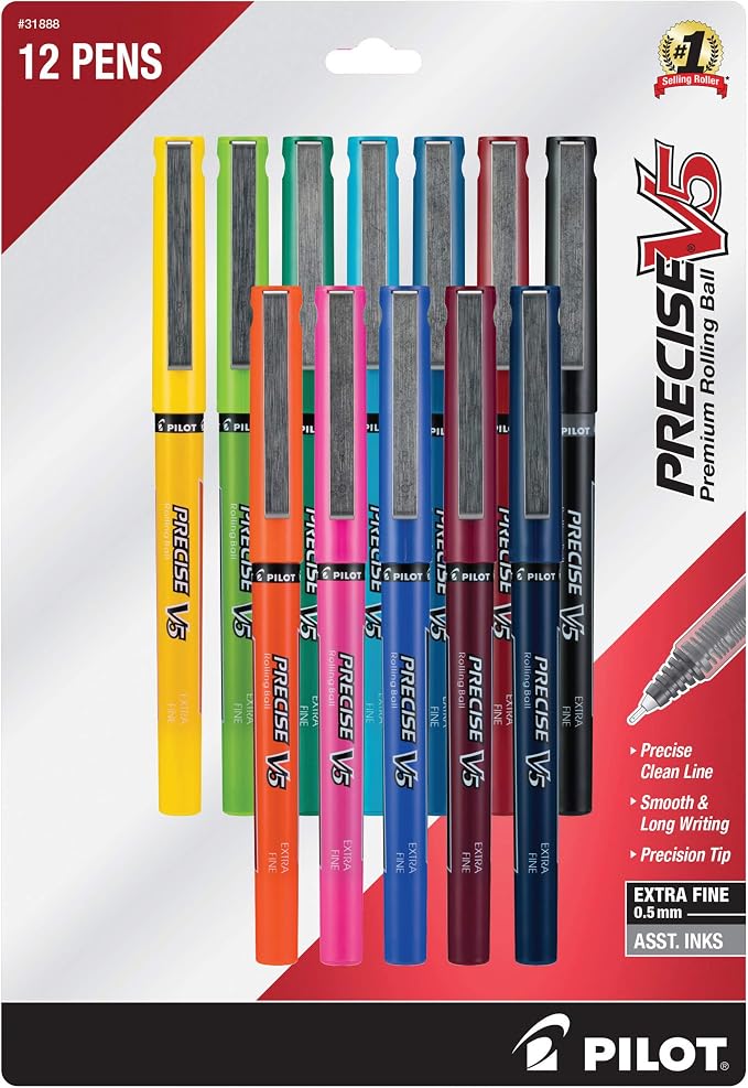 Pilot Precise V5 Refillable Liquid Ink Rolling Ball Refillable Pens, Extra Fine Point (0.5mm) Assorted Ink Pens, 12-Pack