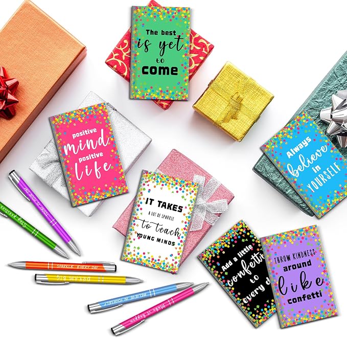 Geyee 24 Pcs Mini Motivational Pens Inspirational Notepads Bulk Appreciation Gifts Small Journals Funny Ballpoint Pen Set Prizes Men Women Office Travel Party Favors(Confetti)