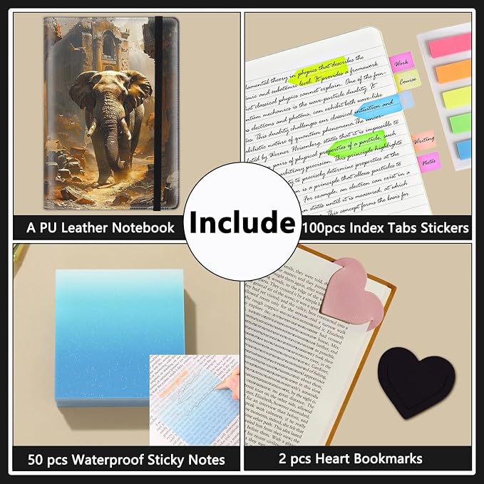 A5 Leather Lined Journal Notebook, 200 Pages Hardcover Executive Notebook for Men Women Office School Note Taking, Thick Writing Paper Daily Journal with Bookmarks/Indexes, Animal Elephant