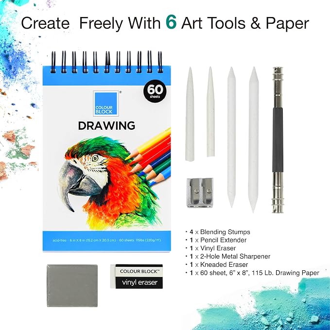 COLOUR BLOCK 40-Piece Drawing Travel Art Set – Portable Sketch and Drawing Art Kit with 16 Colored Pencils, 12 Soft Pastels, 2 Sketching Pencils, 8 Tools, Pad, Zip Case for Beginners, Artists, Adults