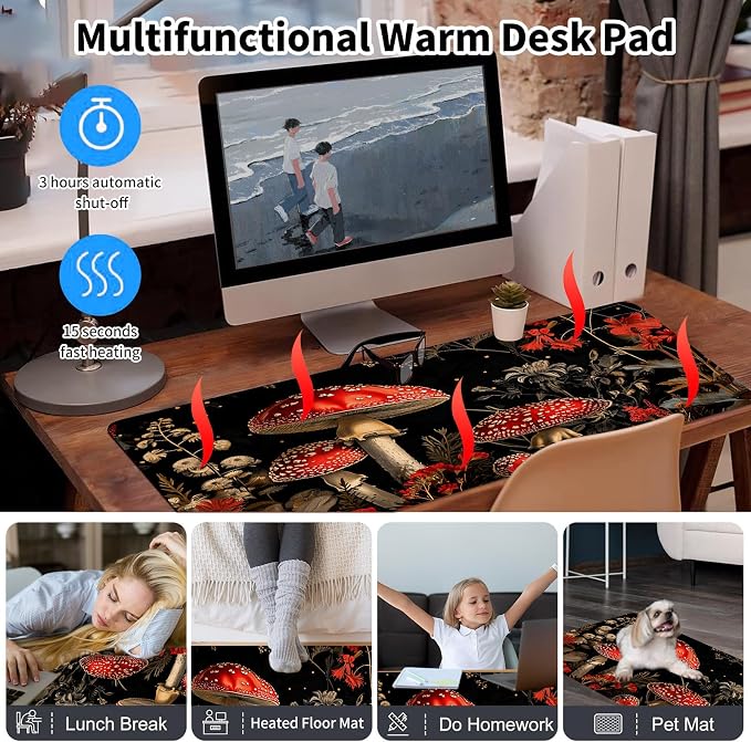 Warm Desk Pad,Heated Desk Pad,Office Mat,3 Heating Levels & 3 Hours Auto Shut-Off,31.5"*13" Gaming Mouse Laptop Keyboard Leather Desk Mat,Red Mushroom Forest