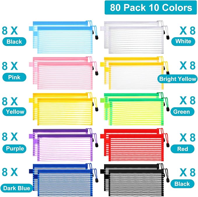 Leelosp 80 Pcs Mesh Zipper Pouch Bulk Mesh Pencil Pouches 10 Color Zipper Bag for Back to School Supplies Cosmetic Office Classroom Travel Appreciation Gift(Solid Color,9 x 4.7 Inch)